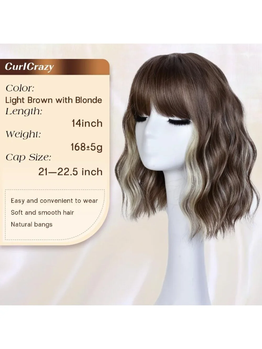 Women's Light Brown 14 Inch Natural Synthetic Short Curly Wavy Fiber Wigs